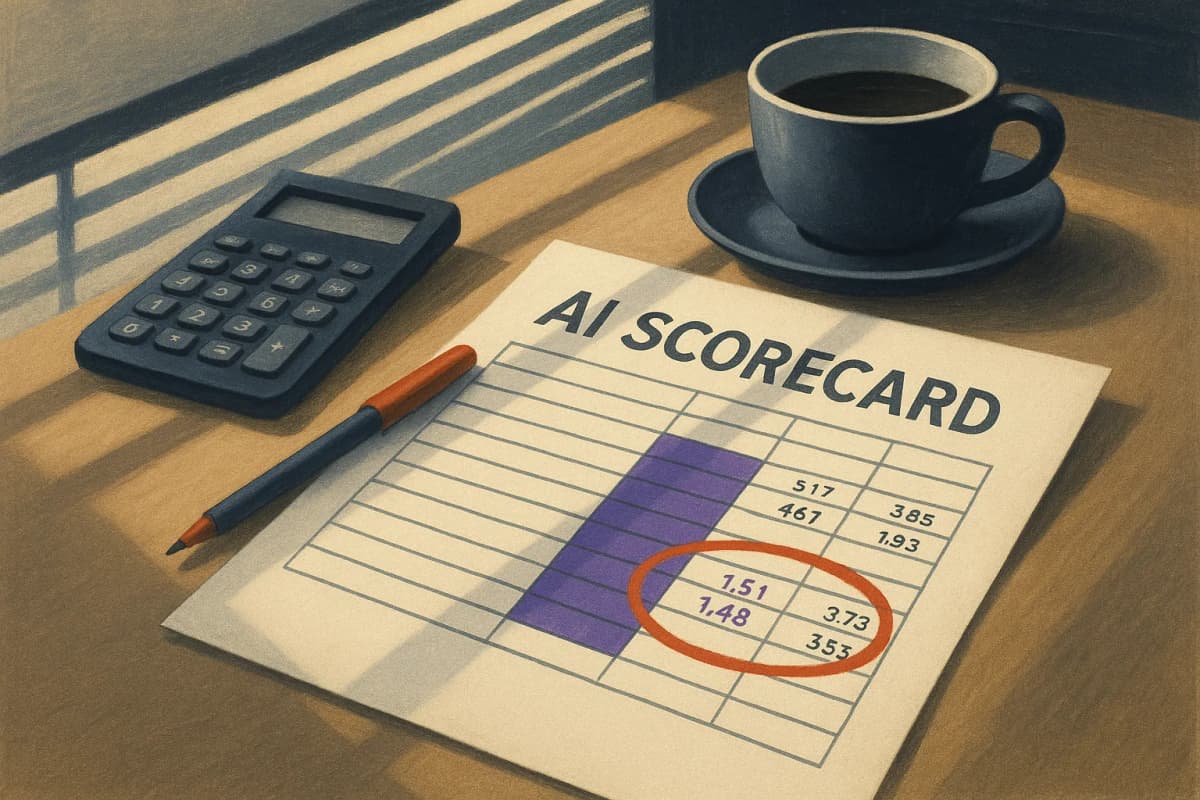 A printed quarterly AI scorecard lying on a boardroom table, one line of the spreadsheet circled in red pen, a calculator and a coffee cup beside it, late-afternoon light through office blinds.