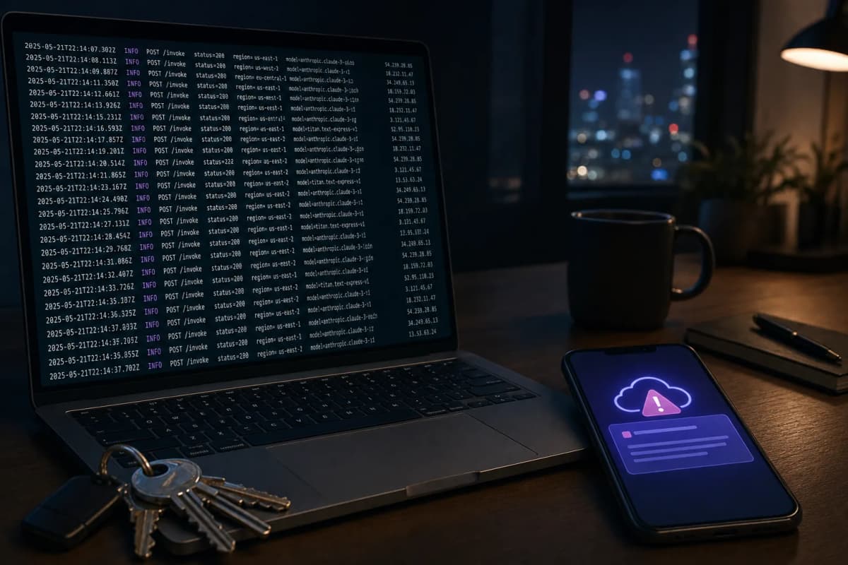 A developer's laptop on a desk at night showing a terminal full of scrolling API request logs, a cloud billing alert notification glowing on a phone beside it, and a ring of physical keys lying next to the keyboard.