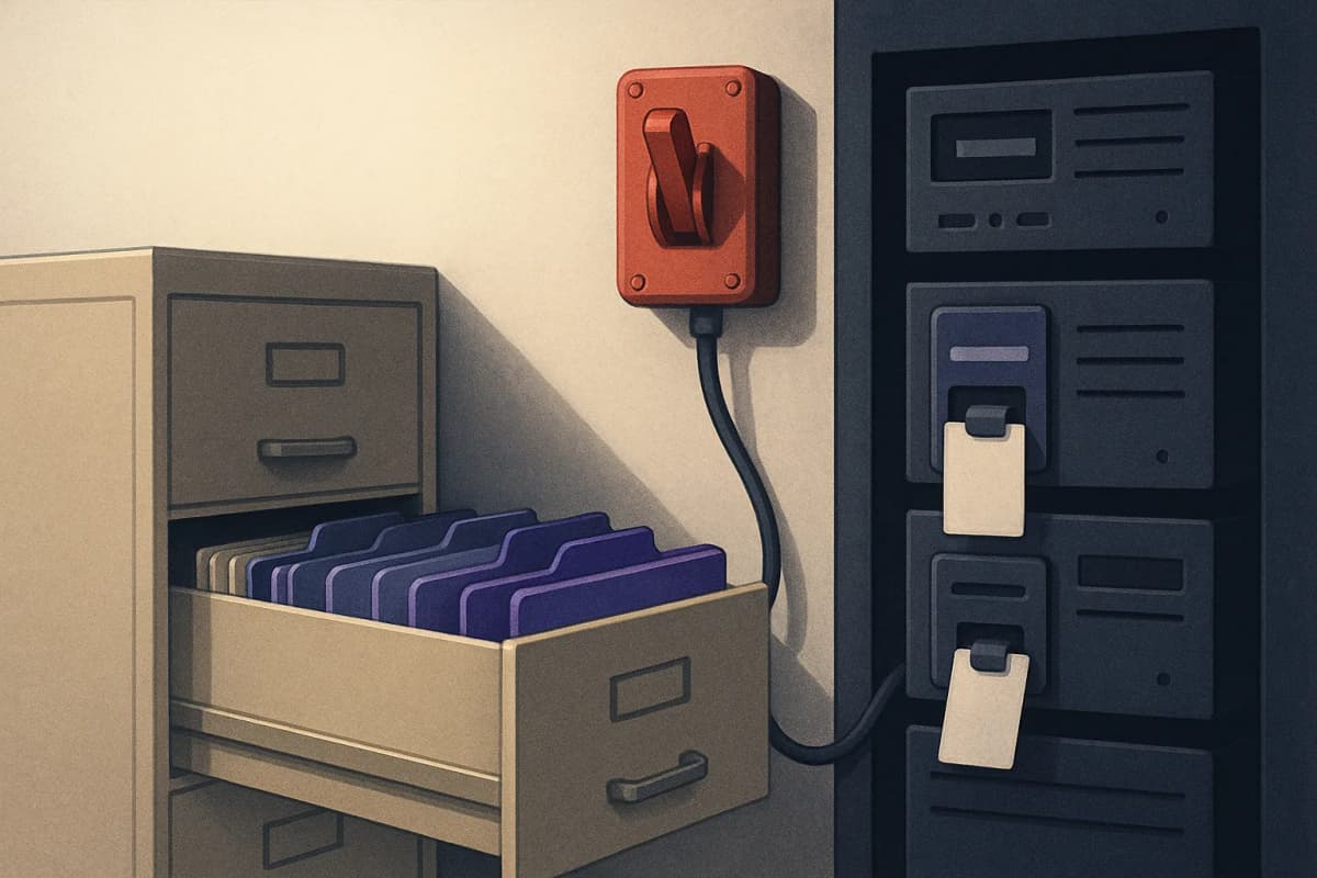 An HR filing cabinet with an open drawer of employee folders, a heavy red wall-mounted cutoff switch beside it wired by cables to a rack of server keycards and badge readers in a dim office.