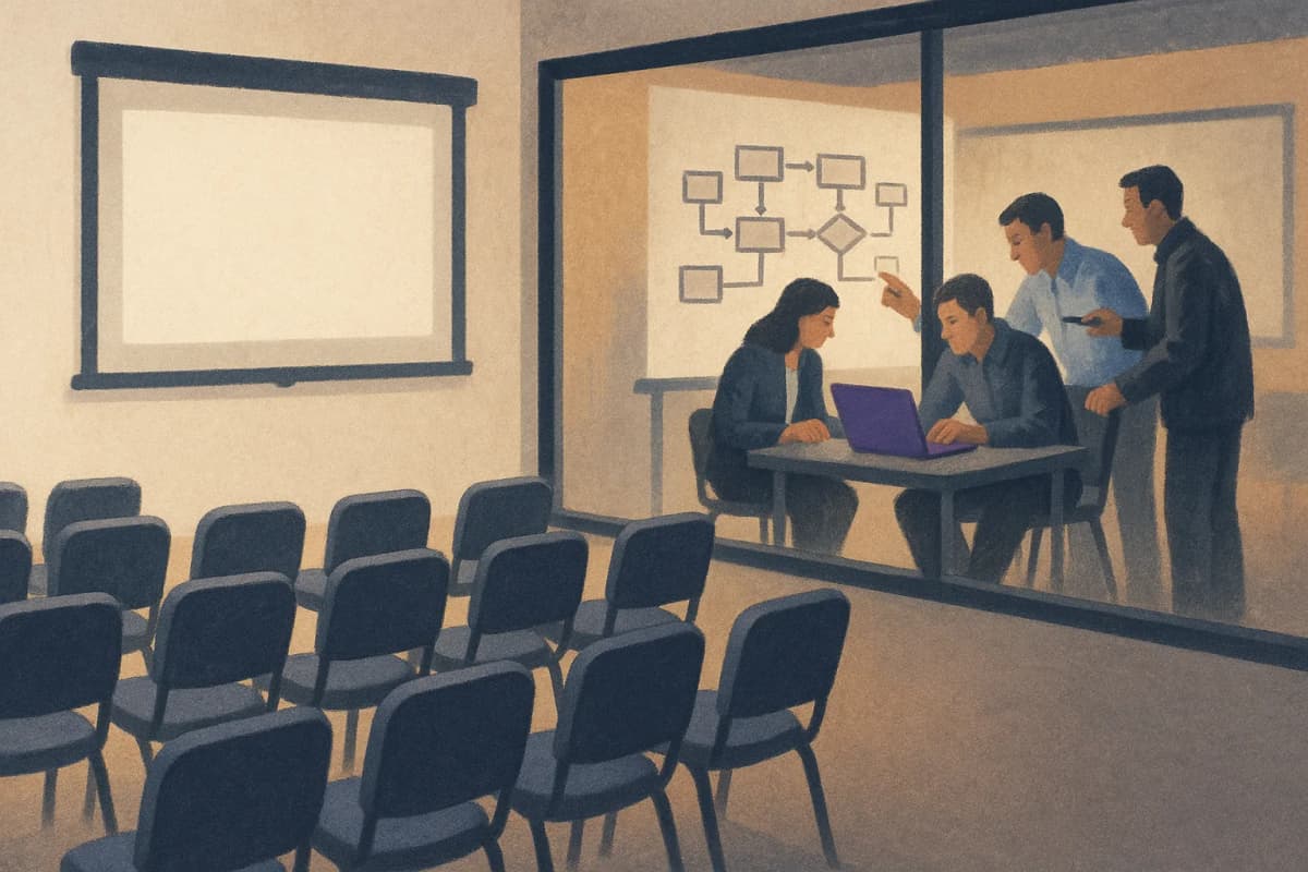 A corporate training room with rows of empty chairs facing a projector screen, while in the adjoining glass-walled room a small group of employees crowd around one laptop wiring together a workflow on a whiteboard covere