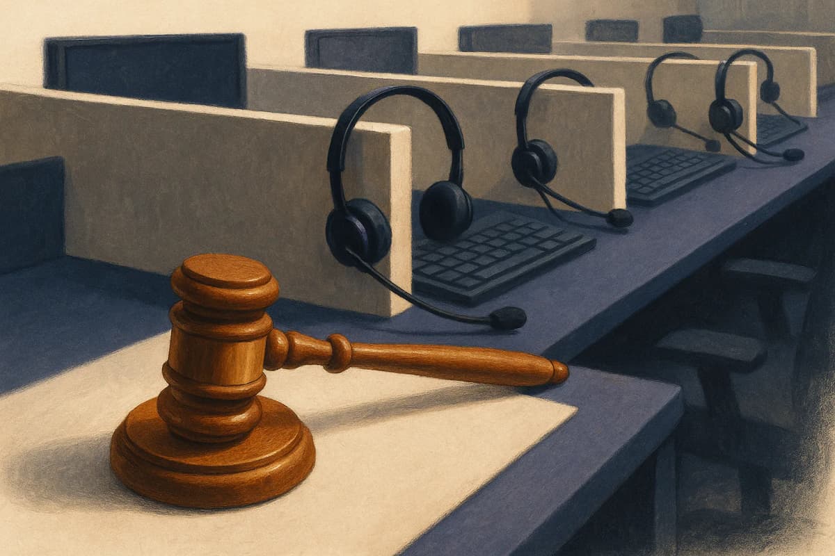 A long row of empty contact-centre cubicles with headsets left resting on the keyboards, and a single wooden auction gavel sitting on the nearest desk.