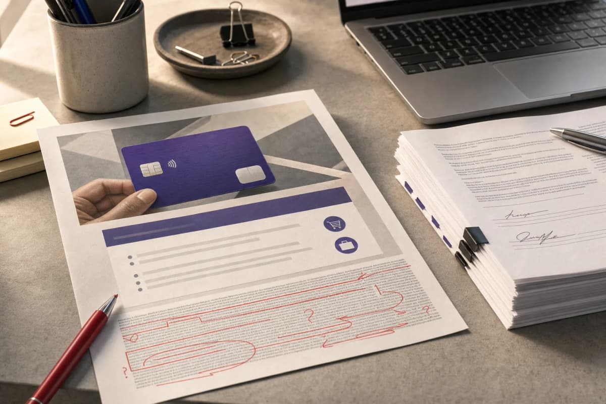 A bank marketing compliance reviewer's desk with a printed credit card direct-mail offer, its small-print disclosure section marked up in red pen, next to a stack of signed vendor contracts and a laptop.