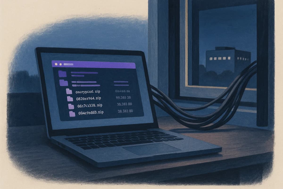 A developer laptop on a desk at night with a terminal window open showing a folder of encrypted snapshot files, a thick bundle of cables running from the laptop out through a half-open office window toward a distant data
