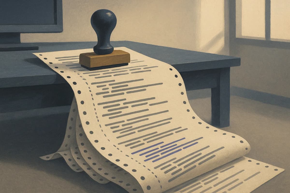 A printed pull request diff on continuous fanfold paper spilling off a developer's desk onto the floor of an empty office, with a rubber approval stamp resting on top of the untouched top page. No text or logos legible.