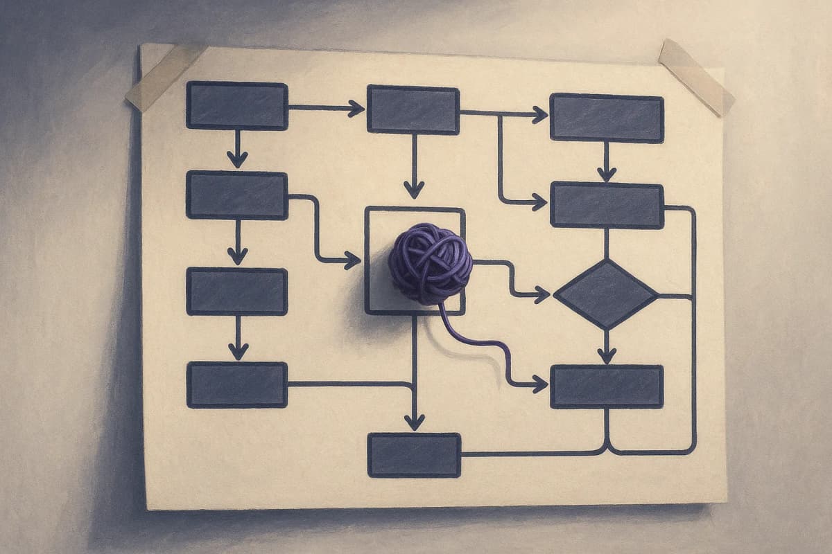 A large printed workflow flowchart taped to an office wall, its boxes and arrows drawn in clean straight lines, with one box near the middle cut cleanly out and a small tangled ball of string pinned into the empty gap.
