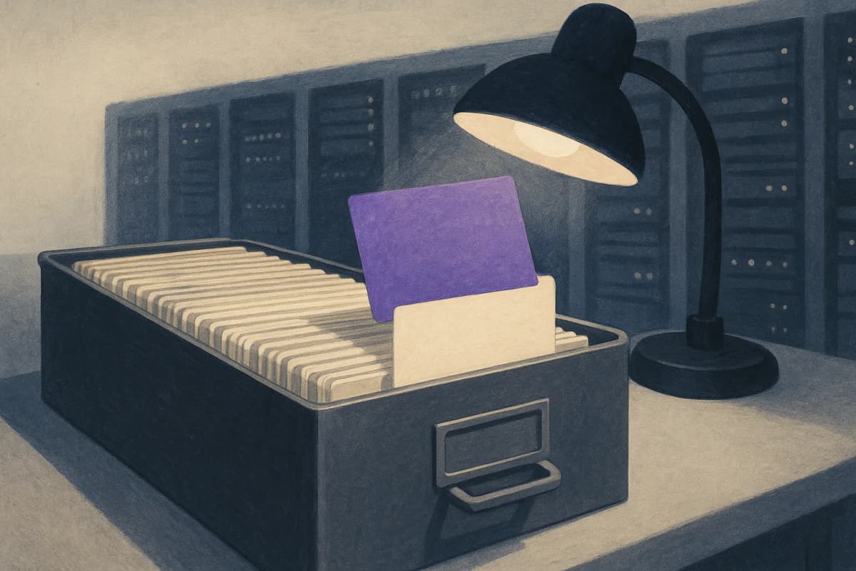 An open metal card-index drawer on a desk in a server room, one blank index card lifted out and held under a desk lamp, hundreds more cards packed in rows behind it, server racks blurred in the background.