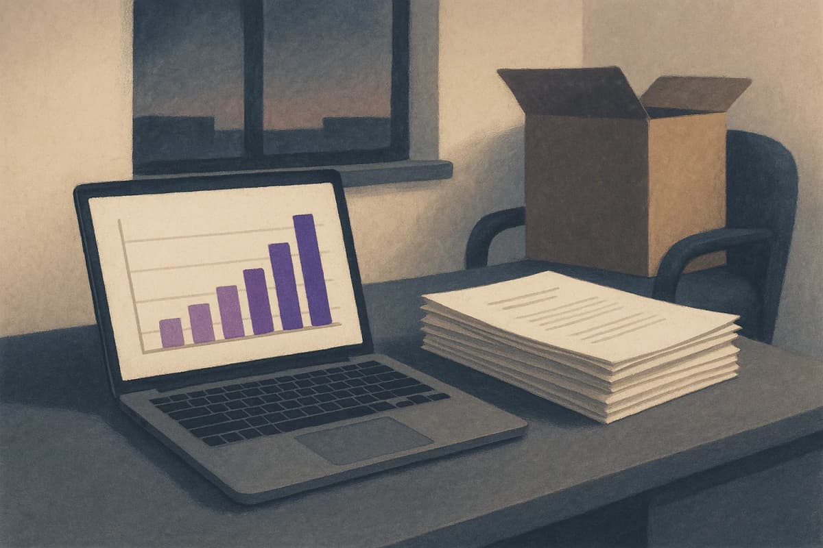 A credit union branch manager's desk at dusk with a laptop showing a bar chart of brand mentions across chatbot answers, beside a stack of printed vendor contracts with a moving box half-packed on the chair next to it.
