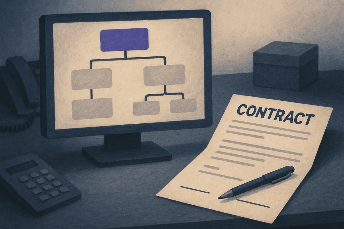 A sales operations desk at night with a printed ZoomInfo-style renewal contract lying open beside a glowing monitor full of flowchart-connected workflow boxes, a pen resting on a blank price line.
