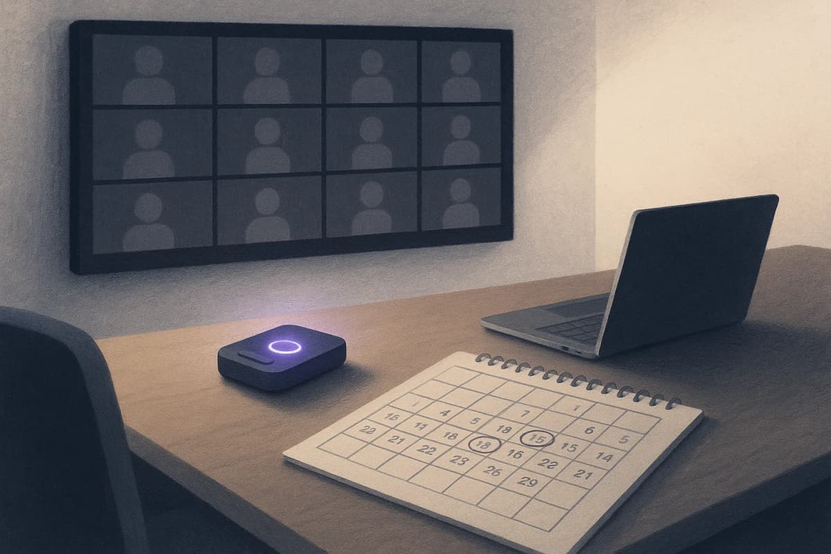 A conference room with a large video wall showing a Zoom-style grid of empty participant tiles, a small tabletop recording device glowing on the table, and a printed rollout calendar with several months circled lying nex